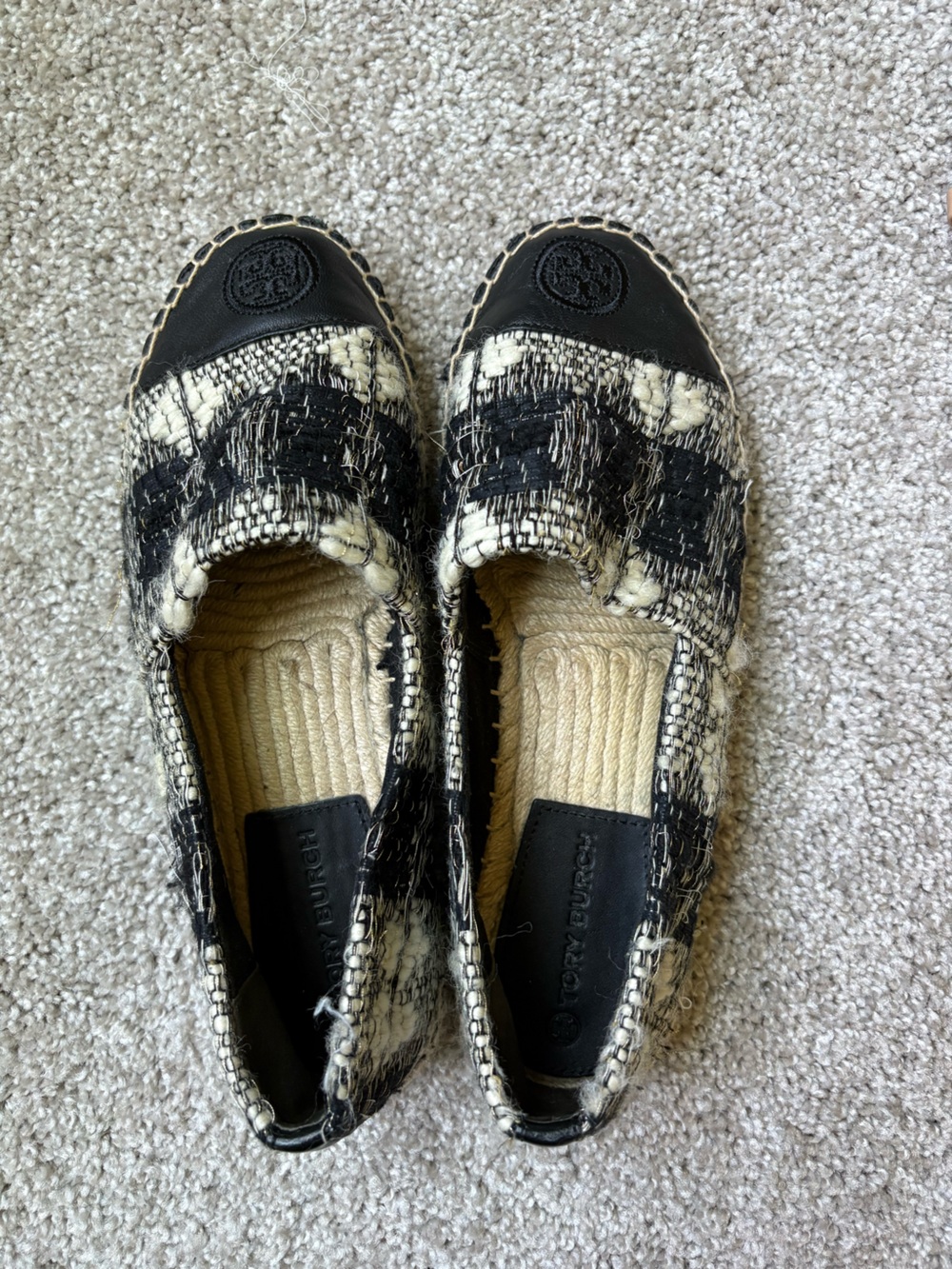 Tory Burch Black and Cream Tweed Espadrille Flats